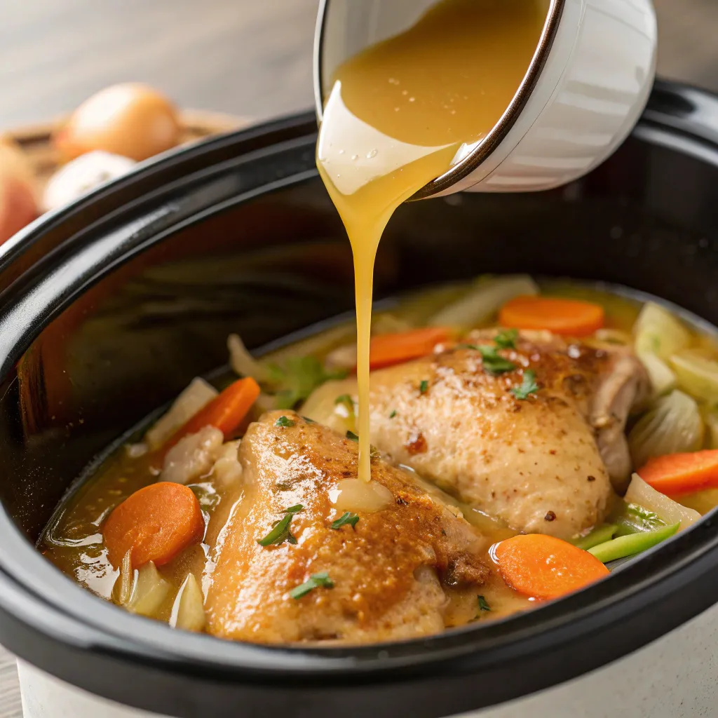 Instructions for Crockpot Chicken Noodle Soup : Pour the broth